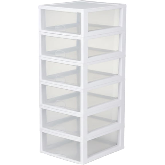 FeGe  6-Pack 16 Quart Stacking Drawer, Clear Storage Closet Organizer, White Frame - Stackable Modular Plastic Drawers for Clothes, Accessories, Craft Supplies, Shoes or Linens