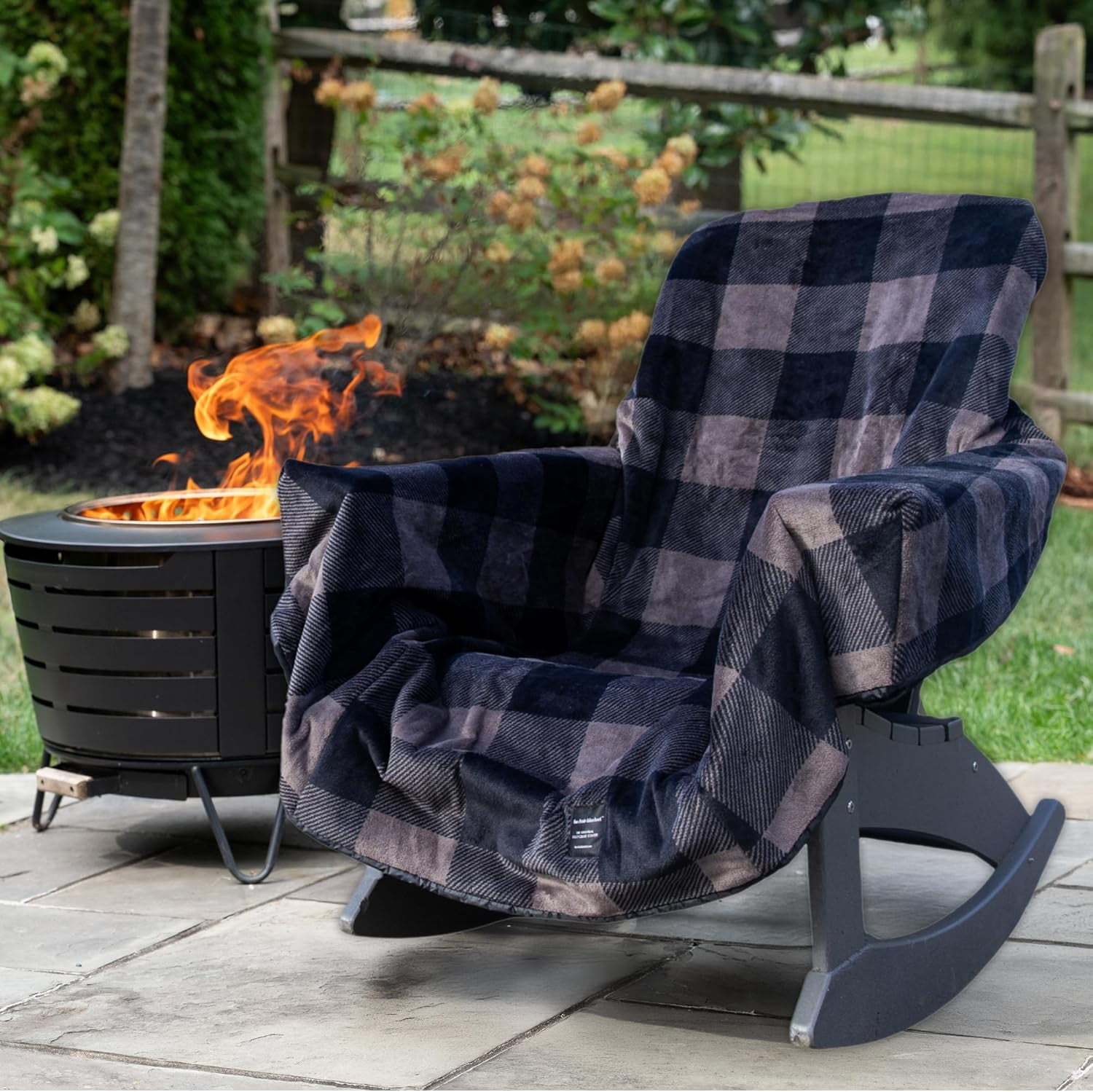 FeGe  The Chair Blanket – Reversible, Waterproof & Polar-Lined - Stretchable Elastic Back - Original Patio Chair Cover – Ideal for Homes and Outdoor Furniture- with Carry Pouch – Gray Plaid