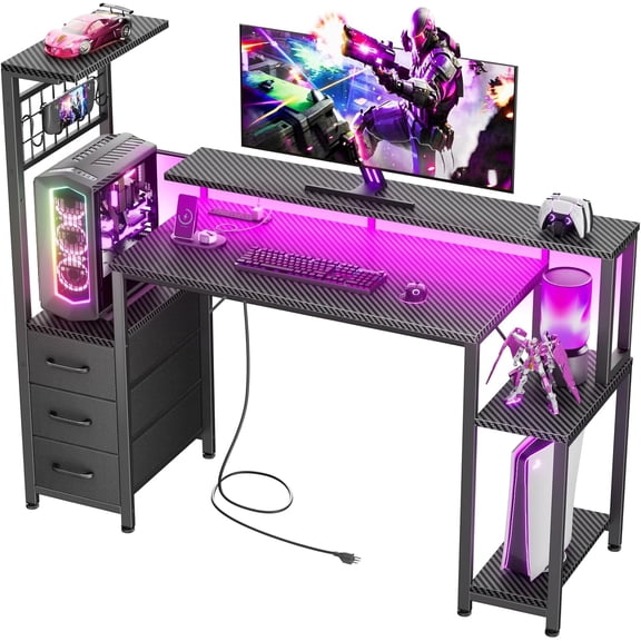 FeGeMax 48 Inch Gaming Desk with LED Lights & Power Outlets,Computer Desk with Fabric Drawers & Side Hook,Reversible Gamer Table with Monitor Stand for Game Room,Home Office,Carbon Fiber Black