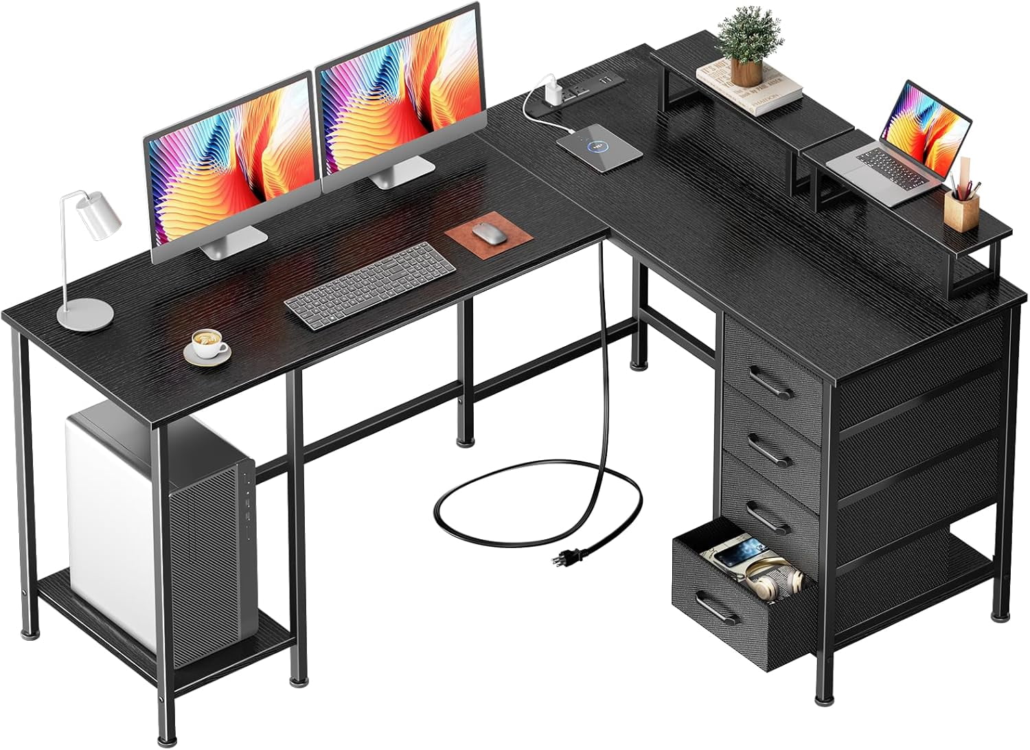 FeGeMax 59 inch L Shaped Computer Desk with Power Outlets, Home Office Desk with 4 Adjustable Storage Drawers & 2 Monitor Stands, Two Person Gaming Table for Bedroom, Black