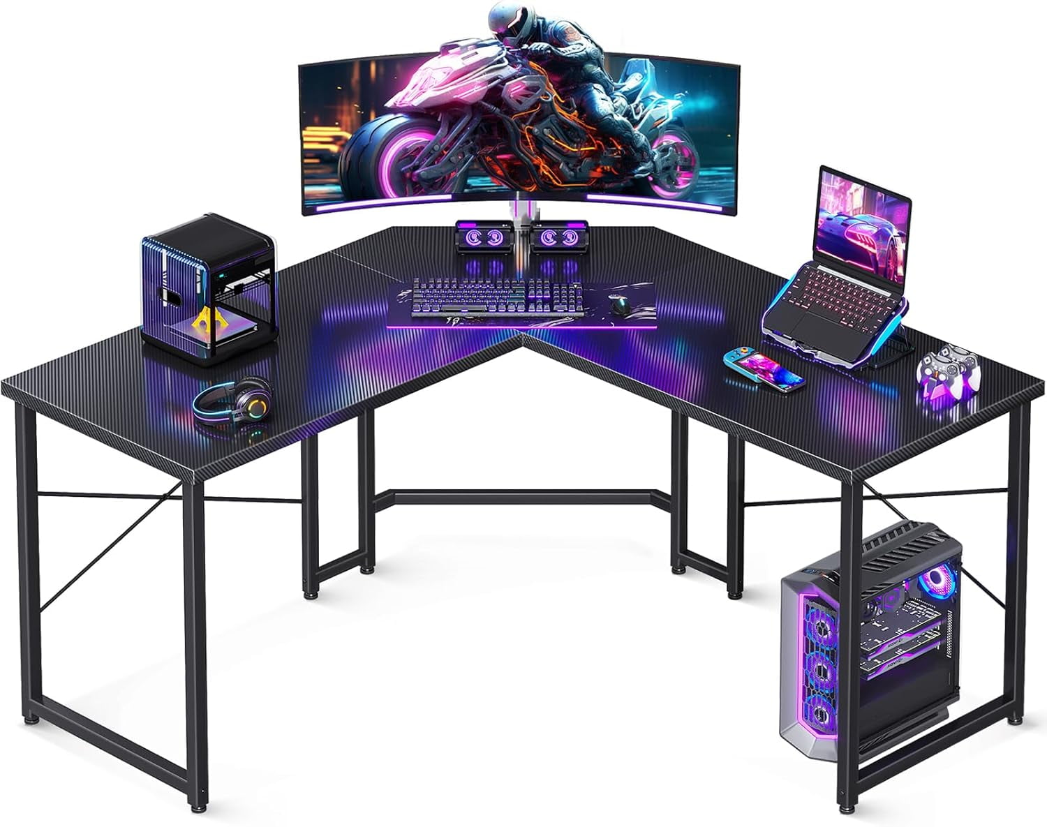 FeGeMax L Shaped Gaming Desk, Corner Desk Gaming Table for Home Office, Computer Desk Sturdy Writing Workstation for Small Space, Easy to Assemble, 51 inch, Carbon Fiber Surface, Black