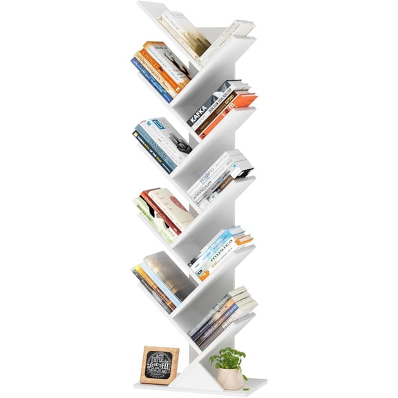 FeGemax 10 Tier Tree Book Shelf, Floor Standing Wood Bookshelf for Narrow Space, Storage Organizer Bookshelves for Books/CDs/Magazine, Bookcase with Shelves for Home Office, Living Room - White