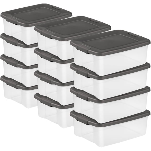 FeGemax 12-Pack ShelfTote, Clear Plastic Storage Bins with Lids, 25 Quart, Gray - Stackable Organizing Container Boxes for Closet, Bathroom, and Office