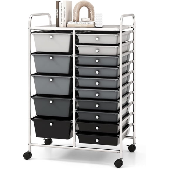 FeGemax 15 Drawers Storage Cart, Multipurpose Rolling Utility Cart on Wheels w/Lockable Wheels & Removable Drawers, Mobile Tools Scrapbook Paper Organizer Cart for Office School Home, Mixed Black