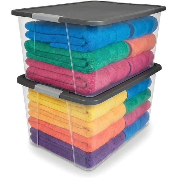 FeGemax 2-Pack Secure Latch, Clear Plastic Storage Organizer Bins, 64 Quart, Gray Lid - Heavy-Duty Container Boxes with Lids for Home, Office, and Garage