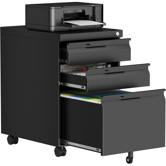 FeGemax 3 Drawer Mobile File Cabinet with Lock, Metal Small Filing Cabinets for Home Office Organizer,Rolling Filing Cabinets Under Desk Storage for Letter/Legal/A4,Assembly Required,Black