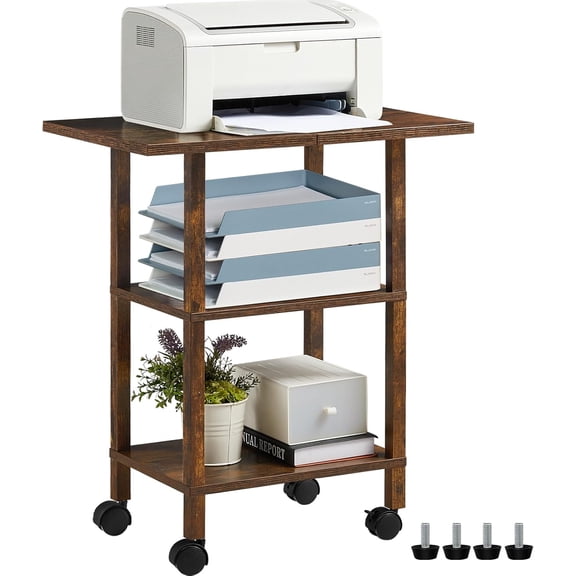 FeGemax 3 Tier Printer Stand with Storage, Printer Table for Home Office, Wooden Rolling Printer Cart Shelf with Lockable Wheels fit Fax Machine, Scanner(Brown)