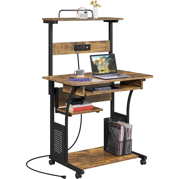 FeGemax 3 Tiers Rolling Computer Desk on Wheels with Charging Station and Keyboard Tray,Mobile Home Office Desk PC Laptop Workstation with Power Outlet and USB Ports for Home Studying