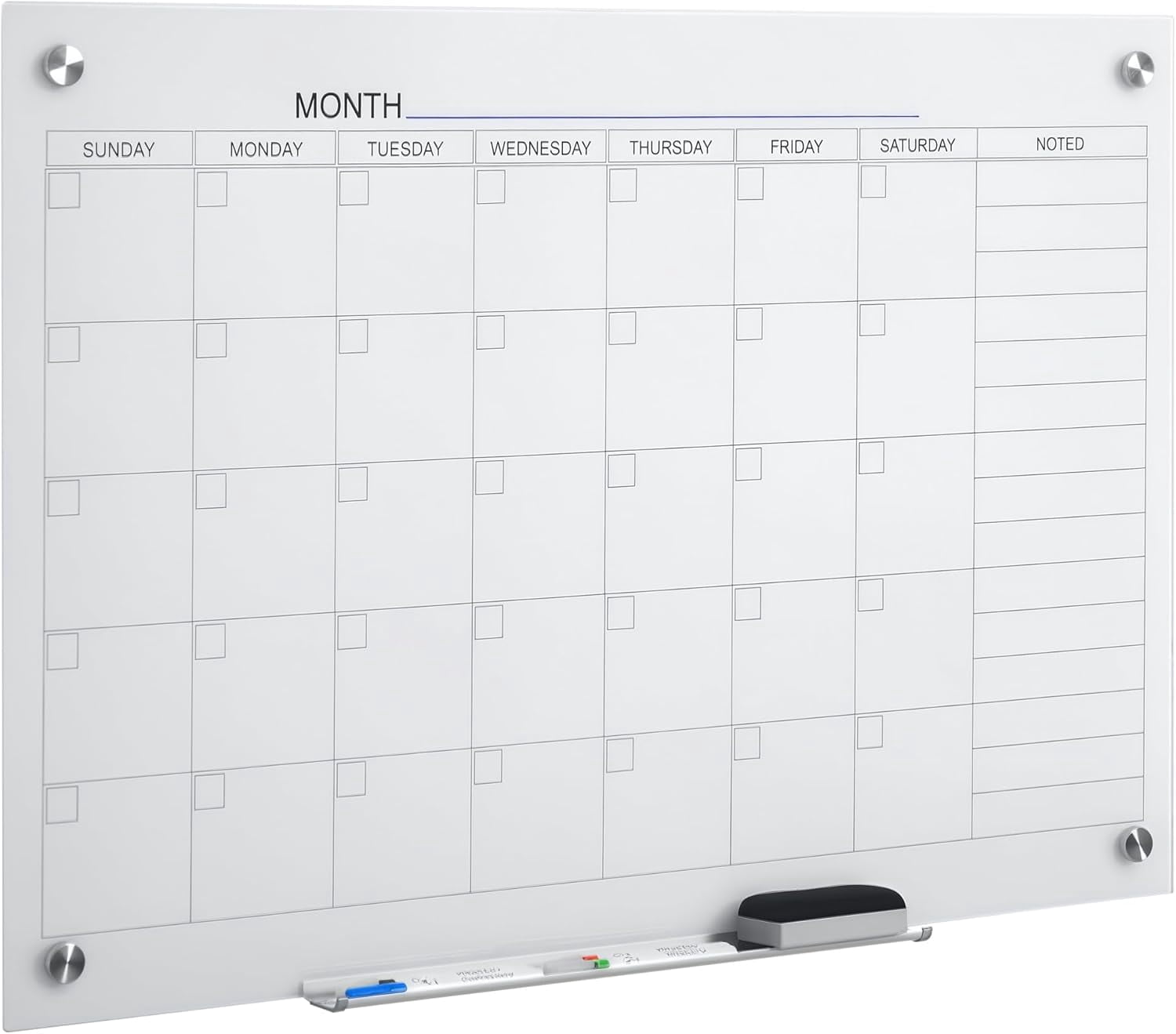 FeGemax 35"x23" Dry Erase Wall Calendar Glass Whiteboard Monthly Planner for Homeschool Supplies & Home Office Organization with 4 Markers and 1 Eraser,Frameless