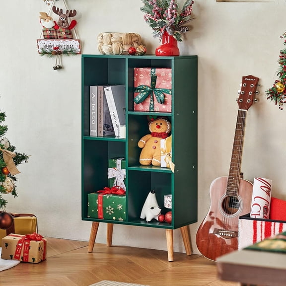 FeGemax 5 Cube Bookshelf 3-Tier Bookcase with Legs,Mint Dark Green Kids Book Shelf Cute Storage Organizer,Free Standing Open Toy Shelves Wood Bookshelves,Display Bookcases for Bedroom,Living Room