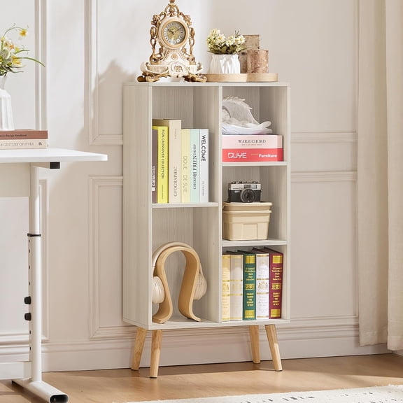 FeGemax 5 Cube Bookshelf 3-Tier Bookcase with Legs,Mint Light Grey White Book Shelf Cute Storage Organizer,Free Standing Open Toy Shelves Wood Bookshelves,Display Bookcases for Bedroom,Living Room