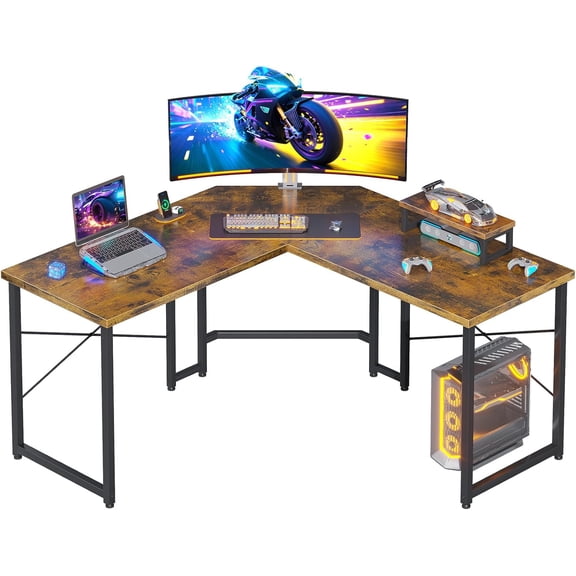 FeGemax 51 Inch L Shaped Gaming Desk, Corner Table Sturdy Workstation for Home Office, Writing, Gaming, Computer Desk for Small Space, Easy Assembly, Rustic Brown