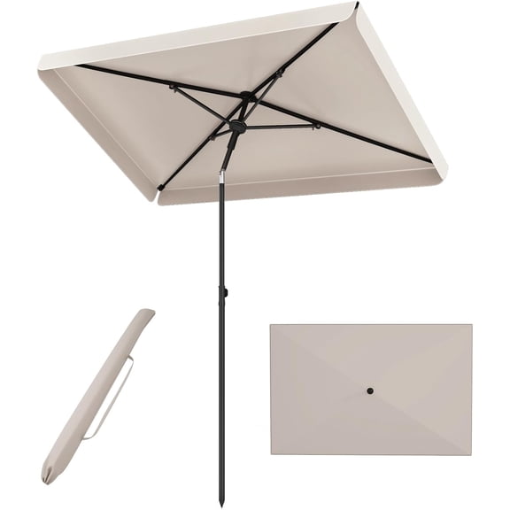 FeGemax 6.5 x 4.3 FT Rectangular Patio Umbrella, Portable Outdoor Market Table Umbrella with Push Button Tilt for Balcony Garden Backyard Deck Pool (Beige)