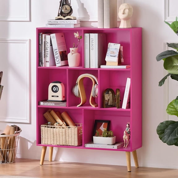 FeGemax 7 Cube Bookshelf,3 Tier Book Shelf with Legs,Pink Modern Bookshelf,Large Freestanding Open Toy Modern Bookshelves,Display Bookcases Decor Furniture for Nursery