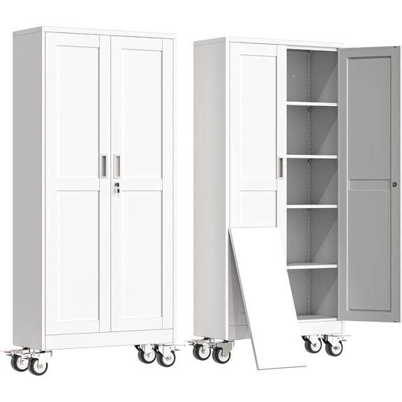 FeGemax 71" H Metal Garage Storage Cabinet, Rolling Tool Cabinet with 2 Doors and Wheels, Locker Steel Cabinet with 4 Adjustable Shelves, Organization Cabinet for Garage,Office,Home,Gym,SchoolWhite