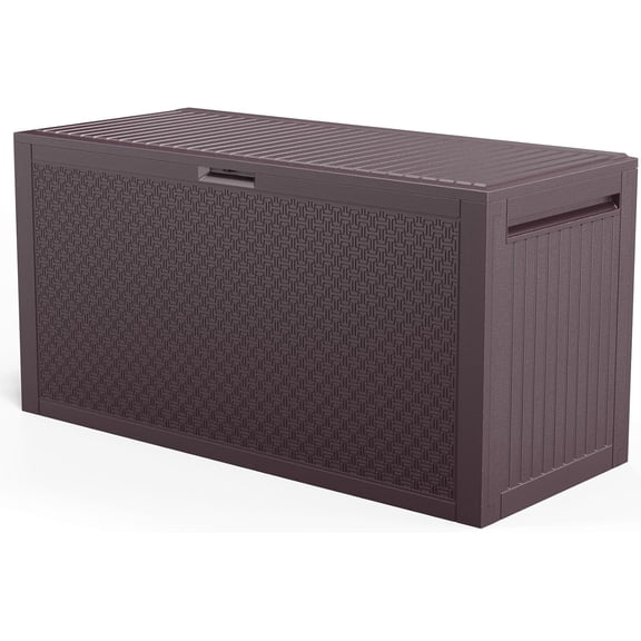 FeGemax 90 Gallon Outdoor Storage Box, Lockable Plastic Storage Containers with Lid, Patio Deck Box Furniture for Garden, Pool, Balcony, Yard (Brown)