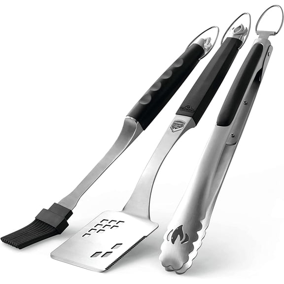FeGemax Accessory 70036 - Executive 3 Piece Toolset - Premium BBQ Grill Toolset, Cast Stainless Steel, Ergonomic Handles, Heat Safe Rubber Grip, Includes Tongs, Multifunctional Spatula, Basting Brush
