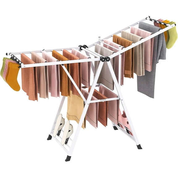 FeGemax Clothes Drying Rack, Foldable Metal Laundry Drying Rack with Height Adjustable Wings, 16 Drying Rails, Sock Clips & Shoe Racks, Freestanding Clothing Stand for Indoor & Outdoor, White