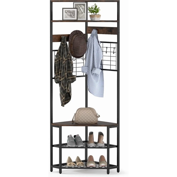 FeGemax Corner Hall Tree, 73" Tall Coat Rack w/Shoe Storage Bench, 12 Metal Hooks, 5-Tier Entryway Shoes Shelf Organizer, Freestanding Clothes Rack for Living Room, Bedroom (Rustic Brown & Black)