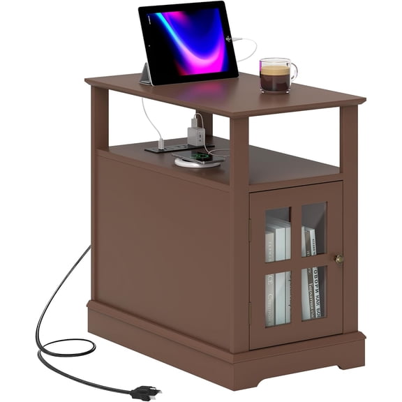 FeGemax End Table with Charging Station, Narrow Side Table with USB Ports and Outlets, Small Table with Hidden Storage and Open Shelf for Living Room, Brown