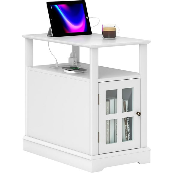 FeGemax End Table with Charging Station, Narrow Side Table with USB Ports and Outlets, Small Table with Hidden Storage and Open Shelf for Living Room, White