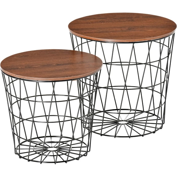 FeGemax End Tables Set of 2, Nesting Tables with Storage, Round Accent Side Tables with Removable Top for Living Room, Black/Brown