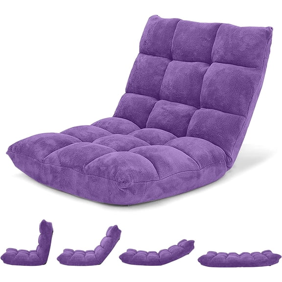 FeGemax Floor Chair with Back Support, 14 Adjustable Position, Padded Sleeper Bed, Couch Recliner, Folding Gaming Floor Chairs for Adults, Living Room, Bedroom, Yoga, Meditation, Purple