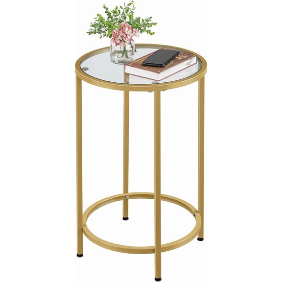 FeGemax Glass End Table, Small Coffee Accent Table Nightstand w/Glass Top & Metal Frame for Living Room, Balcony, Bedroom, Porch, Small Space, Modern Style, Mustard Gold
