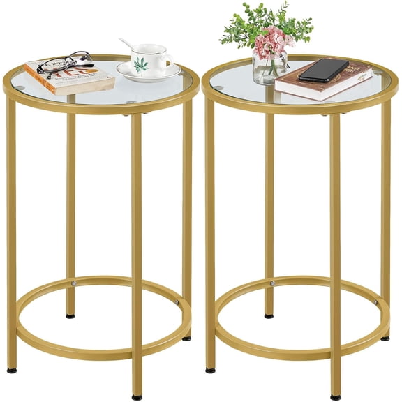 FeGemax Gold Side Table Set of 2, Round End Tables Tall Nightstand Bedside Table Set w/Glass Top & Metal Frame for Living Room/Balcony/Bedroom/Small Space, Easy Assembly, Modern Style, Mustard Gold