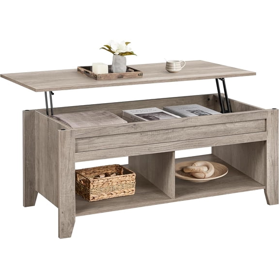 FeGemax Gray Coffee Table, Lift Top Coffee Table w/Hidden Storage Compartment & 2 Open Shelves, Pop Up Center Table for Living Room, 47.5in L