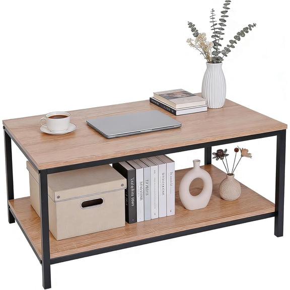 FeGemax Industrial Coffee Table with Storage Shelf for Living Room, Wood Look Accent Furniture with Vintage Wooden Board Stable Metal Frame Cocktail Desk 2-Tier Tea Table