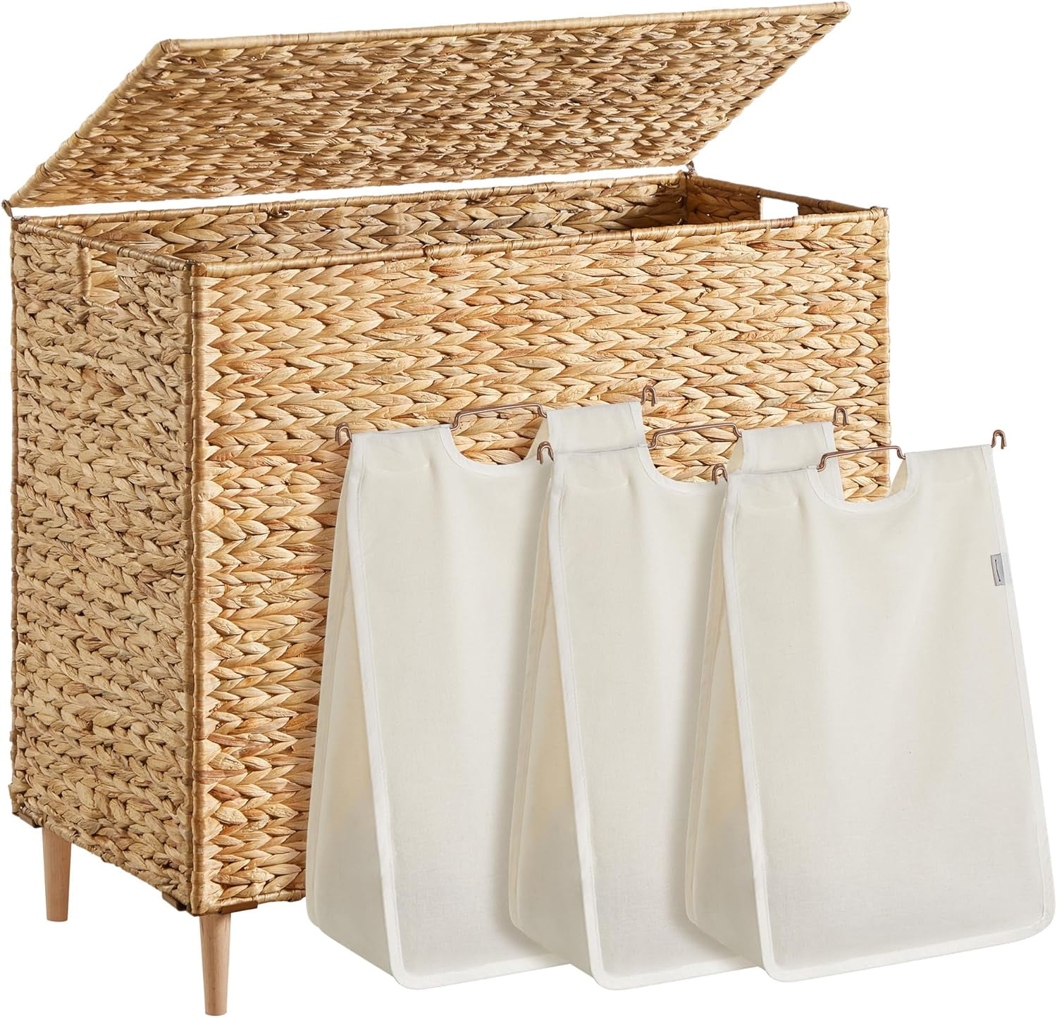 FeGemax Laundry Hamper 3 Sections, 47.5 Gal. (180 L) Handwoven Water Hyacinth Wicker Laundry Basket with Lid, Natural Material, Removable Machine Washable Liners, Handles, Natural ULCB203Y01