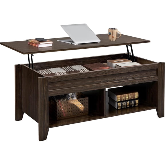 FeGemax Lift Top Coffee Table with Hidden Storage Compartment & Seperated Lower Shelf, Lift Up Coffee Table, Rising Tabletop Dining Table for Living Room, 39.5 in L, Espresso