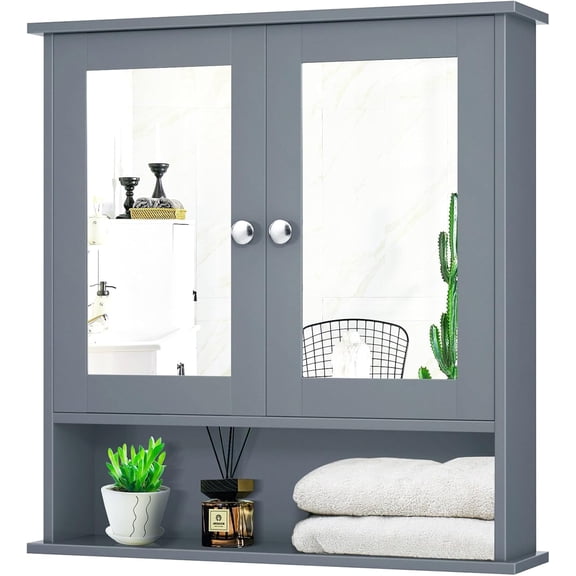 FeGemax Medicine Cabinet, Bathroom Wall Cabinet with 2 Mirrored Doors, Adjustable Shelf, Open Compartment, Wall Mounted Cabinet, Over The Toilet Storage Cabinet, 22" x 5" x 23" Cupboard (Grey)