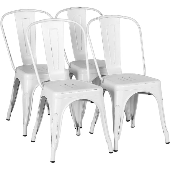 FeGemax Metal Dining Chairs Set of 4, Industrial Stackable Kitchen Chairs with Back for Dining Room/Restaurant/Bistro/Patio, Indoor & Outdoor Use, Distressed White