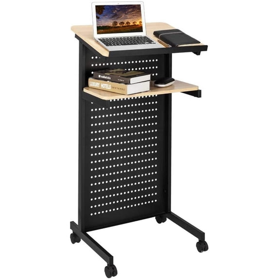 FeGemax Mobile Stand Up Lectern Podium with Wheels, Portable Speech Teach Platform w/Pegboard for Classroom Church or Ceremony Multi-Function Reading or Laptop Desk Table