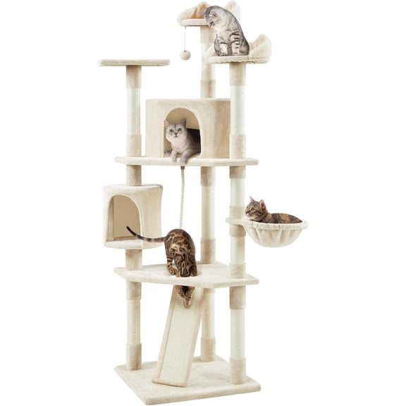 FeGemax Multi-Level Cat Trees Cat Towers 79in Cat Tree for Indoor Cats with Sisal-Covered Scratching Posts, Plush Perches and Stable Condo for Kittens, Cats and Pets, Beige