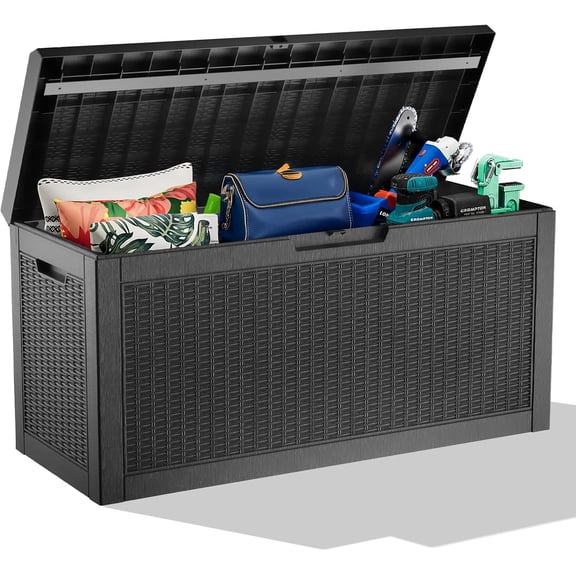 FeGemax Outdoor Storage Housing Deck Box,Waterproof Patio Furniture, Garden Tools, Cushions, Pool Accessories Storage Bench with Lockable Lid and Side Handles (Black,60 Gallon)