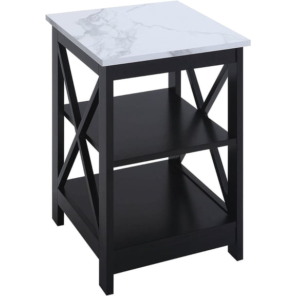 FeGemax Oxford End Table 15.75" - Modern Living Room Table with Storage Shelves, Transitional Nightstand Side Table for Home Decor and Display, White Faux Marble/Black