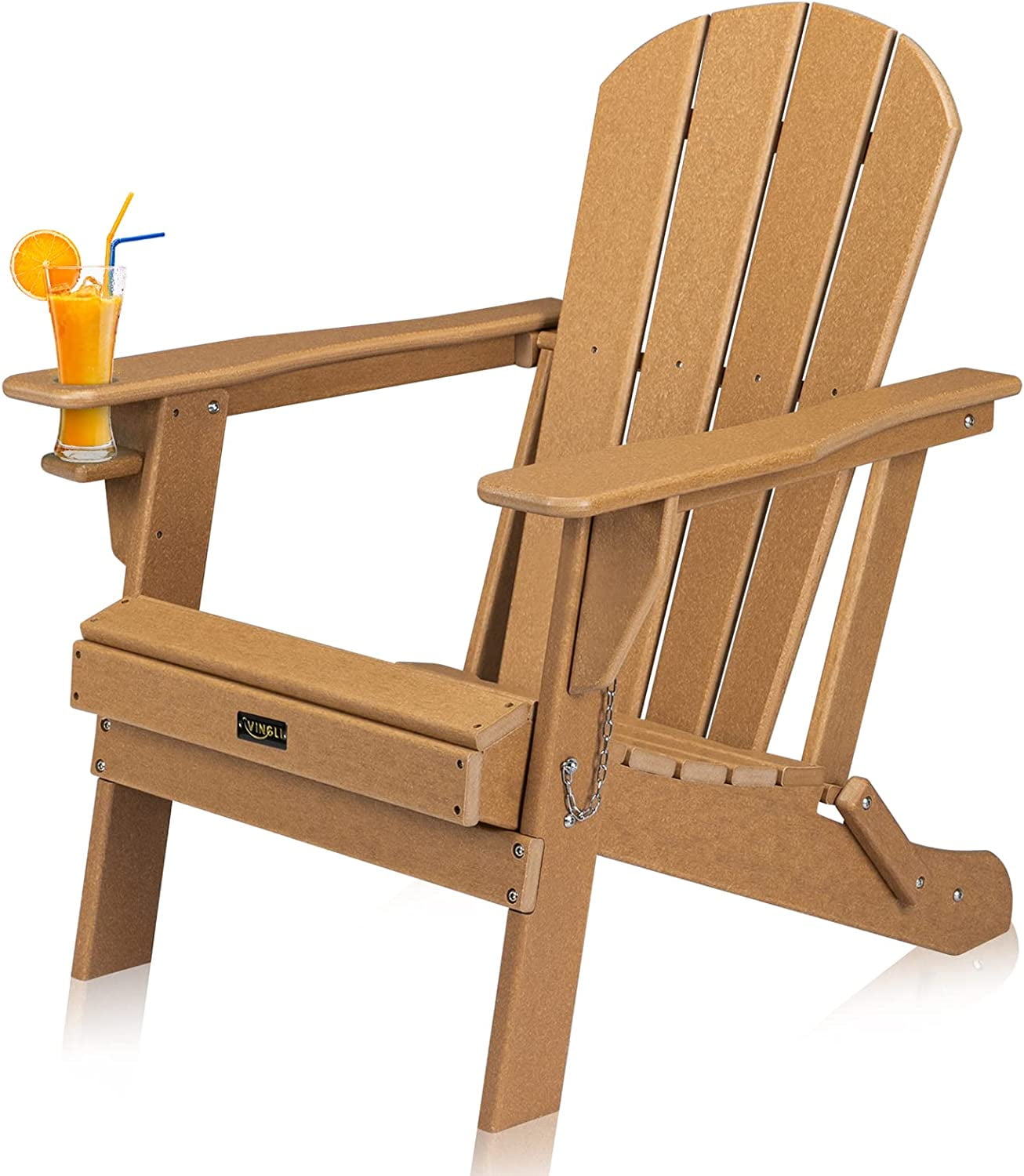 FeGemax Plastic Folding Adirondack Chair with Cup Holder, 100% Recyclable Waterproof HDPE Material, Comfortable 380lb Weight Capacity for Outdoor Pool Patio Lounge Chair Lawn Furniture Firepit (Teak)
