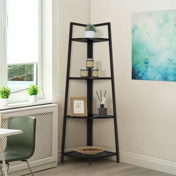 FeGemax Tall Corner Shelf Stand, 4-Tier Display Shelves, Ladder Corner Wood Storage Plant Bookshelf with Metal Frame, Versatile Shelving Unit Bookcase for Home Office Space, Black