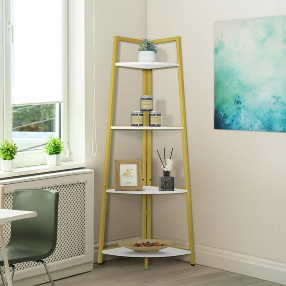 FeGemax Tall Corner Shelf Stand, 4-Tier Display Shelves, Ladder Corner Wood Storage Plant Bookshelf with Metal Frame, Versatile Shelving Unit Bookcase for Home Office Space, Gold