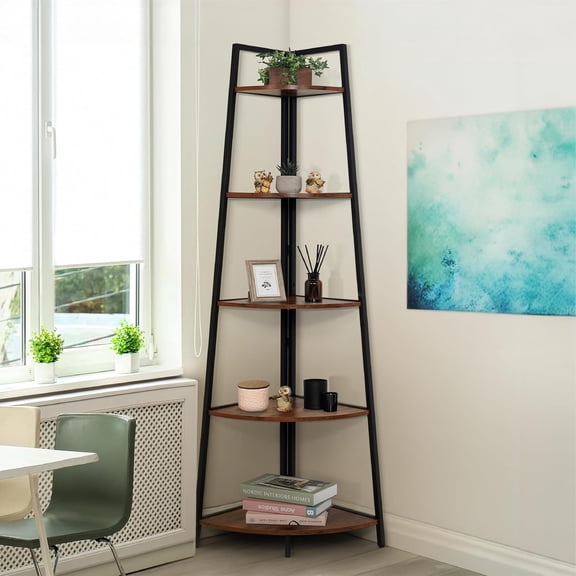 FeGemax Tall Corner Shelf Stand, 5-Tier Display Shelves, Ladder Corner Wood Storage Plant Bookshelf with Metal Frame, Versatile Shelving Unit Bookcase for Home Office Space, Rustic Oak