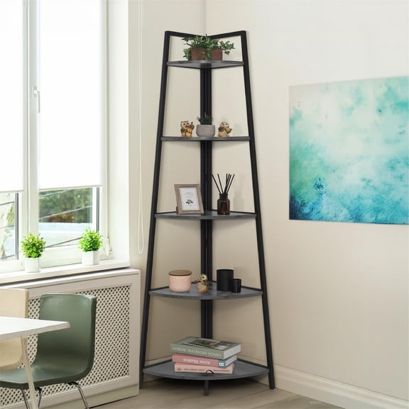 FeGemax Tall Corner Shelf Stand, 5-Tier Display Shelves, Ladder Corner Wood Storage Plant Bookshelf with Metal Frame, Versatile Shelving Unit Bookcase for Home Office Space, Dark Grey