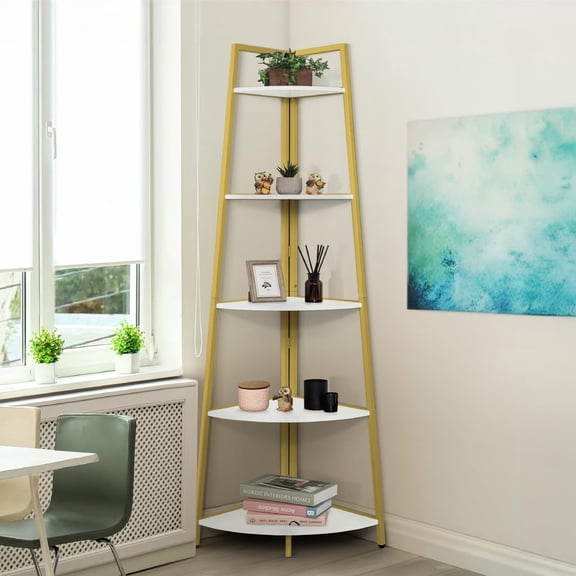 FeGemax Tall Corner Shelf Stand, 5-Tier Display Shelves, Ladder Corner Wood Storage Plant Bookshelf with Metal Frame, Versatile Shelving Unit Bookcase for Home Office Space, Gold