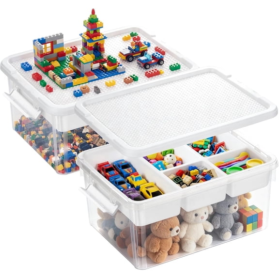 FeGemax Toy Storage Box, 17 QT Building Brick Organizer with Buildable Baseplate Lid and Removable Trays, Kids Block Organizer for Playroom and Art Supplies, 2 Pack