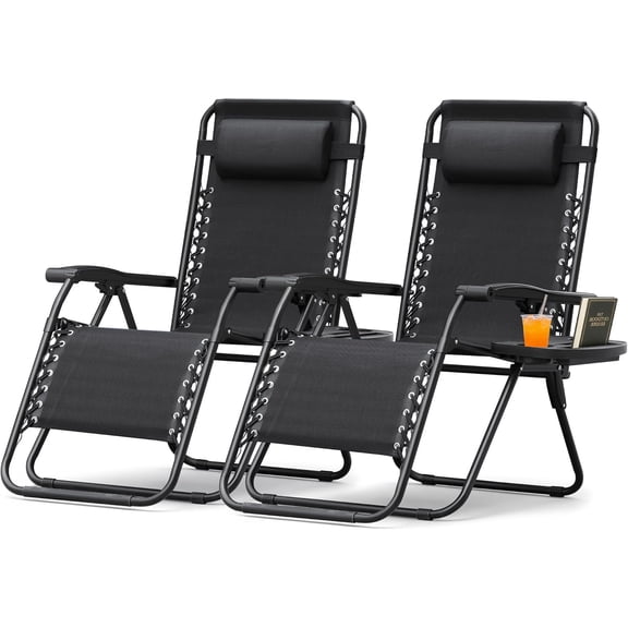 FeGemax Zero Gravity Chair Patio Folding Lawn Lounge Chairs Outdoor Lounge Gravity Chair Camp Reclining Chair with Pillows for Poolside Backyard and Beach Set of 2 (Dark Black)