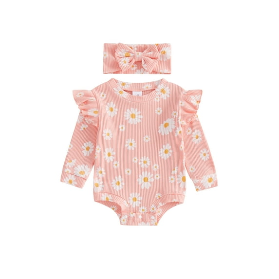 FeMereina Baby Girl Fall Outfit, Daisy Ruffle Long Sleeve Ribbed Romper Headband