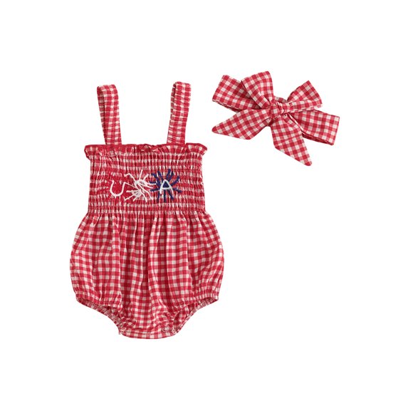 FeMereina Baby Girl July 4th Outfit Plaid Shirred Sleeveless Romper Headband