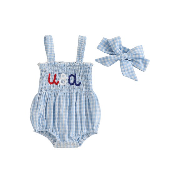 FeMereina Baby Girl July 4th Outfit Plaid Shirred Sleeveless Romper Headband